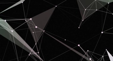Siyah arkaplan ile soyut dijital ağ bağlantısı, beyaz çizgiler, noktalar ve üçgen şekiller. Bu tasarım, birbirine bağlı olma ve geleceksel teknoloji hissini iletir. Yapı, dijital ar için uygun karmaşık bir ağa benziyor.
