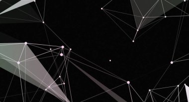 Bu resim, siyah bir arkaplan karşısında geometrik şekiller oluşturan beyaz çizgiler ve noktalardan oluşan soyut bir ağı gösteriyor. Modern, fütüristik bir estetiğe sahip dijital bir tasarım. Arkaplan ya da grafik ögesi olarak kullanıma uygun..