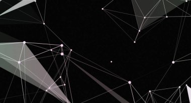 Siyah bir zemin üzerinde birbirine bağlı beyaz çizgiler ve düğümlerden oluşan geometrik bir desen içeren soyut bir resim. Tasarım modern, dijital bir ağ efekti yaratır.