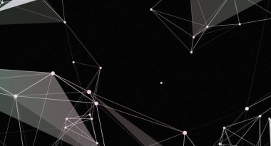 Karanlık bir arkaplan karşısında çokgen şekiller oluşturan bağlantılı çizgiler ve noktalardan oluşan bir ağ içeren soyut bir dijital resim. Çizgiler beyaz ve noktalar açık pembe gibi görünüyor. Modern ve teknolojik bir hava yaratıyor..