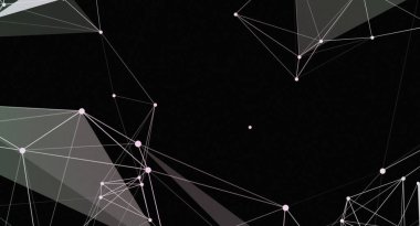 Siyah arkaplan, dijital ve teknoloji tasarımları için uygun geometrik ve çokgen bir yapı oluşturarak, beyaz çizgiler ve noktalar birleştirilmiş soyut bir ağ içerir..
