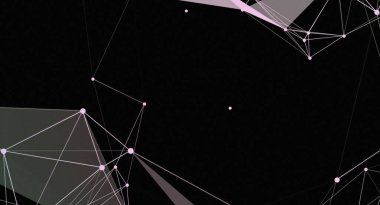 Bu soyut resim beyaz çizgiler ve açık pembe düğümlerle siyah arkaplanda bir ağ bağlantısı içerir. Geometrik desenler dijital teknoloji, veri ve karmaşık sistemleri gösteriyor. Bu modern bir tasarım, çeşitli teknolojileri göstermek için uygun.