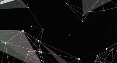 Siyah bir zemin üzerinde beyaz çizgiler ve noktalar bulunan soyut bir ağ tasarımı. Geometrik yapı fütüristik ve modern bir estetik yaratıyor. Bu resim bir arkaplan, tasarım ögesi veya ilgili kavramları göstermek için idealdir.