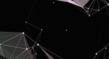 Karanlık bir zemin üzerinde bağlı çizgiler ve düğümler içeren soyut geometrik bir ağ çizimi. Tasarım, karmaşık bir çokgen yapı oluşturmak için açık pembe çizgiler ve düğümler kullanır. Bu resim bir arkaplan ya da tasarım ögesi olarak kullanmak için uygundur