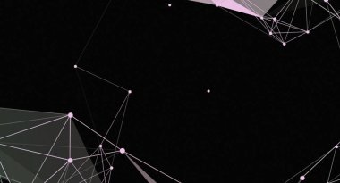 Bu soyut resim, koyu siyah bir arkaplana karşı pembe noktaları birleştiren beyaz çizgilerle geometrik bir ağ sergiliyor. Tasarım minimalist ve modern, bağlantı ve karmaşıklık hissi uyandırıyor. Bir arkaplan, metin olarak uygundur