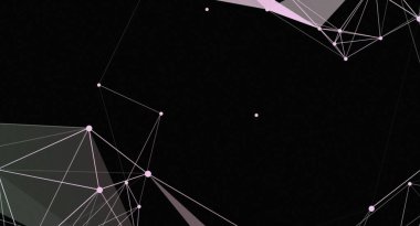 Bu soyut resim, koyu siyah arkaplan üzerinde pembe noktaları birleştiren ince beyaz çizgilerden oluşan bir ağ içerir. Çizgiler geometrik şekiller oluşturuyor, bağlantı, teknoloji ve dijital dünya hissi veriyor. Teknoloji ya da bilimle ilgili tasarım için ideal 