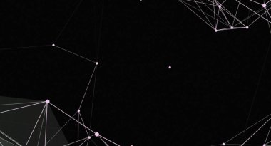 Siyah bir arkaplana karşı birbirine bağlı ışık noktaları ve çizgilerden oluşan karmaşık bir ağı gösteren üç boyutlu bir resim. Geometrik yapı uzayda yüzüyor gibi görünüyor. Dijital bir sanat eseri oluşturuyor..