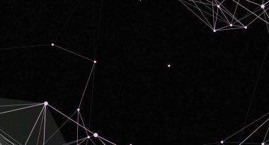 Bu, siyah arkaplanda beyaz çizgilerle birbirine bağlı pembe noktaların yer aldığı minimalist bir ağ soyut arka planıdır. Bu geometrik desen, çeşitli dijital tasarım projelerinde kullanılmak üzere modern bir teknolojik görünüm yaratır..
