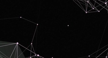 Soyut bir dijital ağ koyu bir arkaplan üzerinde resmedilir. Pembe düğümler çizgilerle birbirine bağlanır ve bir kablo veya geometrik yapı oluştururlar. Bu, teknoloji, iletişim ve veri bağlantıları kavramlarını iletir.