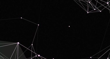Birbirine bağlı pembe noktalar ve koyu bir arkaplan üzerinde çizgiler bulunan minimalist soyut bir resim. Teknoloji, veri bağlantısı ve geleceksel tasarım kavramlarını çağrıştırıyor..