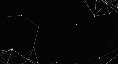 Çizgilerle birbirine bağlı ışık noktalarından oluşan bir ağ içeren soyut bir resim, katıksız siyah bir arkaplan üzerine kurulmuştur. Tasarım, bilim veya dijital temalı projelerde kullanılmak üzere uygun bir bağlantı ve teknoloji duygusu uyandırıyor..