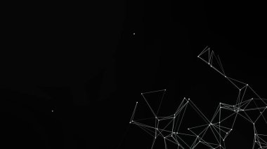 Siyah arkaplanda beyaz çizgiler ve noktalardan oluşan bir ağ içeren minimalist soyut bir görüntü. Tasarım, dijital veya modern bir bağlam için ideal bir teknolojik bağlantı veya yapı öneriyor.