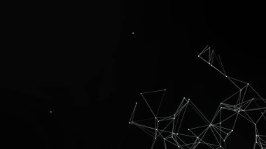 Bu, çizgilerle birbirine bağlı beyaz noktalardan oluşan bir ağ ile siyah bir arkaplan içeren soyut bir resim. Tasarım, arka plan ve tasarım elementleri için uygun modern, minimalist ve teknolojik bir his yaratıyor..