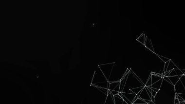 Bu soyut grafik, siyah bir arkaplan üzerinde beyaz çizgiler ve noktalardan oluşan bir ağ içerir. Tasarım, geometrik ve modern görünümüyle bir bağlantı ve teknoloji hissi yaratıyor. Görüntü dijital bir yapı hissi veriyor..