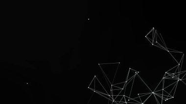Siyah arkaplana karşı beyaz noktalar ve çizgilerden oluşan bir ağ bağlantısı içeren soyut bir görüntü dijital, modern ve gelecekçi bir his yaratıyor..