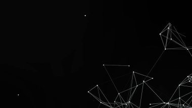 Birbirine bağlı beyaz çizgiler ve noktalardan oluşan siyah bir arkaplan içeren soyut bir resim modern bir dijital tasarım yaratıyor. Birbirine bağlı olması karmaşık bir sistem veya ağa benzer..