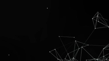 Bu resim beyaz çizgilerden oluşan bir ağı ve siyah arkaplan üzerinde noktalar oluşturarak modern ve fütüristik bir tasarım yaratmaktadır. Bağlantı, teknoloji ve karmaşık sistemleri çağrıştırıyor..