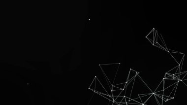 Bu resim siyah arkaplandaki beyaz çizgiler ve noktalardan oluşan soyut bir ağı gösteriyor. Çizgiler birbirine bağlı, bir dijital ağ ya da bağlantı sistemine işaret eden geometrik bir şablon oluşturuyor. Modern ve fütüristik bir görüntüsü var..