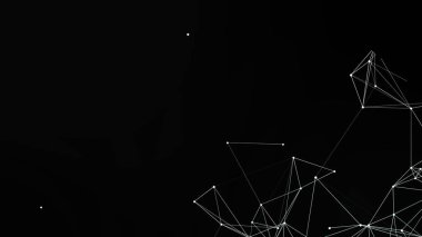 Siyah zemin üzerinde geometrik bir yapı oluşturan beyaz çizgiler ve noktalarla soyut ağ bağlantısı. Bağlantılar ve veri akışını temsil eden dijital, geleceksel bir tasarım.