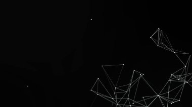 Siyah zemin üzerinde beyaz çizgiler ve noktalar olan soyut bir tasarım, ağ benzeri bir yapı yaratıyor. Bu dijital ve minimalist kompozisyon çeşitli yaratıcı projeler için bir arkaplan veya grafik ögesi olarak kullanılabilir.