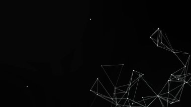 Beyaz çizgileri ve noktaları olan soyut bir ağ çizimi, koyu siyah bir arkaplana karşı geometrik ve birbirine bağlı bir desen yaratıyor. Bu resim veri bağlantısını ve teknoloji kavramlarını betimler.