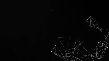 Bu resim siyah bir zemin üzerinde beyaz çizgiler ve noktalardan oluşan soyut bir ağ içerir. Tasarım minimalist ve modern, teknoloji, bağlantı ve dijital iletişim gibi kavramlar ortaya koyuyor..