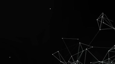 Birbirine bağlı beyaz çizgi ve noktalardan oluşan geometrik soyut bir ağ düz siyah bir arkaplanda görüntülenir ve modern, teknolojik bir görünüm yaratır..