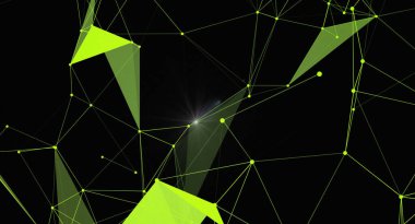 Siyah zemin üzerinde noktaları ve çizgileri birleştiren soyut yeşil geometrik ağ. Gelecekçi teknoloji konsepti, veri ve bağlantı yapısı. Vektör illüstrasyonu