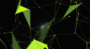 Çizgiler ve parıldayan şekillerden oluşan bir ağ içeren modern soyut bir arkaplan. Tasarım, dijital projeler için ideal bir gelecek teknolojisi ve birbirine bağlılığı çağrıştırıyor..