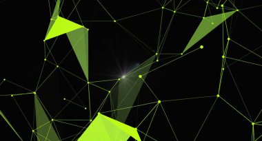 Parlak bağlantıları olan neon yeşil bir geometrik ağın yer aldığı modern bir soyut arkaplan. Tasarım, karanlık bir zemin üzerinde üçgenler, çizgiler ve noktalar içeriyor ve fütüristik ve teknolojik bir his yaratıyor. Bilim ve teknoloji için mükemmel.,