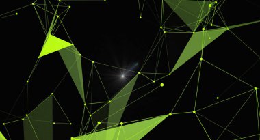 Parlak yeşil çizgileri ve birbirine bağlı noktaları olan geometrik bir ağa sahip modern bir soyut arkaplan. Tasarım, teknoloji, bilim, veri ve iletişim gibi kavramları öneriyor. Merkezi parlak nokta derinlik katıyor, gelecekteki gelişmeleri arttırıyor. 