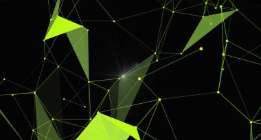 Siyah arkaplana karşı canlı bir neon yeşil pleksus ağı. Bu soyut tasarım, birbirine bağlı çizgiler, noktalar ve üçgenler içererek, teknolojiye ve bilimle ilgili projelere uygun modern ve geleceksel bir görünüm yaratmaktadır. Geometrik desen 