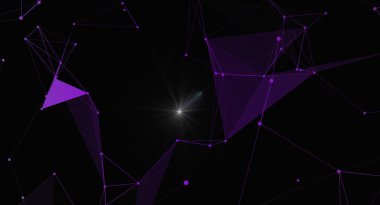 Siyah bir arkaplana karşı mor bir ağ bağlantısı içeren çarpıcı bir soyut resim. Tasarım geometrik şekiller, çizgiler ve noktalar içererek dijital teknoloji ve birbirine bağlılığın hissini yaratır. Merkezi bir ışık patlaması odak noktası ekler