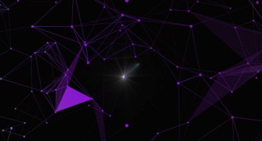 Karanlık bir arkaplana karşı çizgilerle birbirine bağlı mor noktalardan oluşan bir ağ içeren soyut bir illüstrasyon. Teknoloji, dijital bağlantı, veri bilimi ve modern geometrik tasarım temalarını taşır. Teknolojiyle ilgili projeler için mükemmel bir geçmiş.
