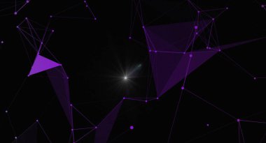 Mor geometrik şekilli soyut teknoloji arka planı, ağ bağlantıları ve parlak bir yıldız. Bu illüstrasyon, teknoloji ve yenilikle ilgili projeler için ideal veri, bilim ve fütüristik tasarım kavramlarını çağrıştırmaktadır..