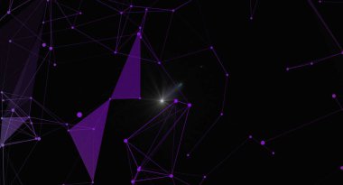 Siyah arkaplanda soyut mor ağ pleksi. Bu dijital illüstrasyonda fütüristik, çokgen bir yapı oluşturan mercek efekti ile bağlantılı çizgiler ve noktalar yer alıyor. Teknoloji, bilim veya modern tasarım projeleri için ideal.