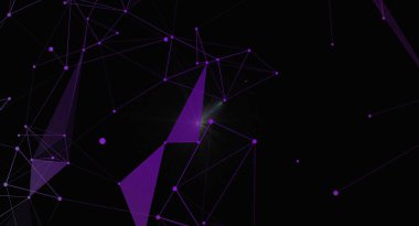 Siyah bir zemin üzerinde mor noktalar ve çizgilerden oluşan bir ağ içeren modern soyut bir arkaplan. Bu tasarım bir teknoloji, fütüristik yenilik ve birbirine bağlılığı iletir. Sunumlarda, web sitelerinde veya bir kreat olarak kullanmak için ideal