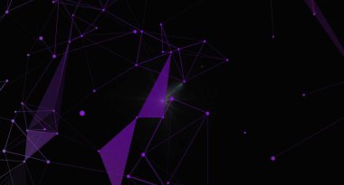 Bağlı çizgiler ve noktalarla soyut mor ağ pleksus arkaplanı. Teknoloji, bilim veya yaratıcı projeler için modern ve geleceksel bir tasarım. Bu dijital illüstrasyon bir arkaplan veya grafik ögesi olarak idealdir.