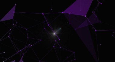 Siyah arkaplanda birbirine bağlı mor düğümler ve çizgiler içeren görsel olarak çarpıcı soyut bir ağ tasarımı. Teknoloji, dijital iletişim ve modern bağlantı ile ilgili kavramları resmetmek için ideal. Fütürist ve geometrik elementler