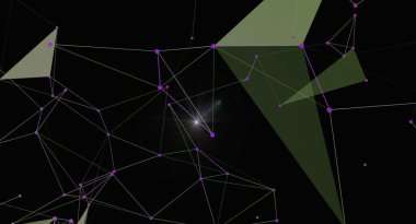 Birbirine bağlı çokgenler, çizgiler ve noktalar içeren soyut bir arkaplan. Tasarım, teknolojiyi, dijital iletişimi ve merkezde parlak bir noktaya sahip gelecekçi kavramları çağrıştırıyor. Repr için mükemmel