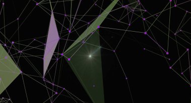 Birbirine bağlı çizgilerden ve siyah arkaplandaki noktalardan oluşan soyut bir ağ. Modern teknolojiyi, veri görselleştirmesini ve karmaşık sistemleri temsil etmek için mükemmel. Geometrik tasarım ve dijital his onu arkaplan ve grafik ögesi için ideal kılar.