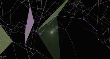 Karanlık bir arkaplan karşısında parlayan bağlantıları olan geometrik bir ağa sahip modern bir soyut arkaplan. Görüntü, teknolojinin gelişimini, bilimsel keşifleri ve dijital bağlantıyı çağrıştırıyor, kavramları aktarmak için uygun.
