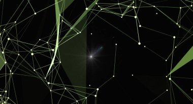 Çizgilerle birbirine bağlı parlayan düğümlere sahip geometrik bir ağ içeren modern bir soyut arkaplan. Tasarım teknoloji, veri ve fütüristik kavramları çağrıştırıyor, parlak bağlantıları vurgulayan karanlık bir zemin ve merkezi bir ışık parlaması.