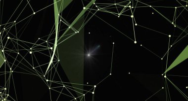 Merkezinde parlak bir yıldız patlaması bulunan, parlak yeşil çizgileri ve koyu arkaplandaki noktaları olan soyut bir pleksus ağı. Bu resim teknolojiyi, bağlantıları ve gelecekteki kavramları temsil ediyor..