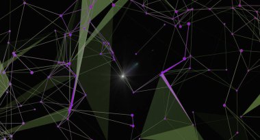 Birbirine bağlı çizgiler ve mor düğümlerden oluşan modern bir soyut arkaplan. Geometrik şekiller ve karanlık zemin fütüristik, teknolojik estetik, bilim, veri iletişimi veya dijital han ile ilgili temalar için uygun bir ortam oluşturur.