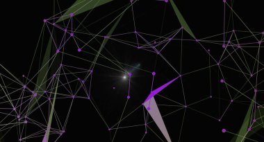 Mor noktaları ve çizgileri birleştiren soyut teknoloji arka planı. Ağ bağlantısı yapısı. Siyah zemin üzerinde ışık olan dijital bilim ve teknoloji konsepti. Soyut duvar kağıdı olarak kullanılabilir.
