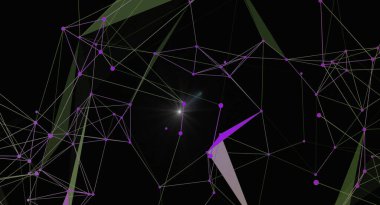 Birbirine bağlı mor düğümler ve koyu arkaplan üzerinde çizgiler bulunan soyut bir ağ bağlantısı resmi. Parlak bir merkezi ışık, veri akışını veya iletişimin merkezi bir noktasını gösteren odak noktasını ekler. Teknoloji, bilim ya da fütürist için uygun.