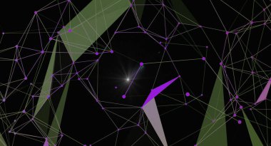 Bir ağ bağlantı yapısının yer aldığı soyut bir illüstrasyon. Tasarım, noktaları ve çizgileri birleştirerek çokgen bir ağ oluşturur. Arkaplan siyah, yeşil ve mor üçgenli. Teknoloji ve geleceği çağrıştırıyor..
