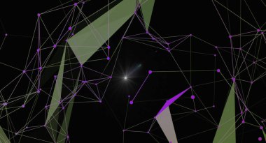 Geometrik şekiller, çizgiler ve noktalardan oluşan modern bir soyut ağ bağlantısı. Tasarım fütüristik ve teknolojik, karanlık bir arka plan ve merkezinde bir ışık patlaması ile. Bilim, teknoloji ve dijital projeler için mükemmel..