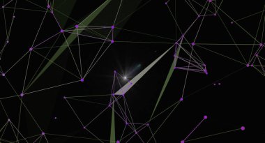 Soyut ağ bağlantısı arkaplanı. Dijital veri ve siber güvenlik kavramı. Karanlık arka planda parlak ışık efektli çizgiler ve noktalar. Teknoloji veya bilimle ilgili projeler için modern ve geleceksel geometrik tasarım.